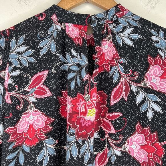 Loft Blouse XS NEW black red floral dotted high neck bell sleeve tropical beach - Picture 3 of 9